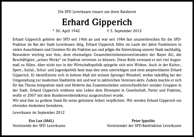  Traueranzeige für Erhard Gipperich vom 13.09.2012 aus Kölner Stadt-Anzeiger / Kölnische Rundschau / Express