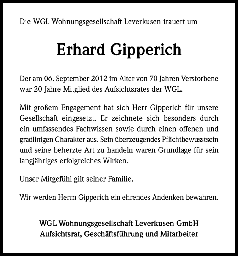  Traueranzeige für Erhard Gipperich vom 14.09.2012 aus Kölner Stadt-Anzeiger / Kölnische Rundschau / Express