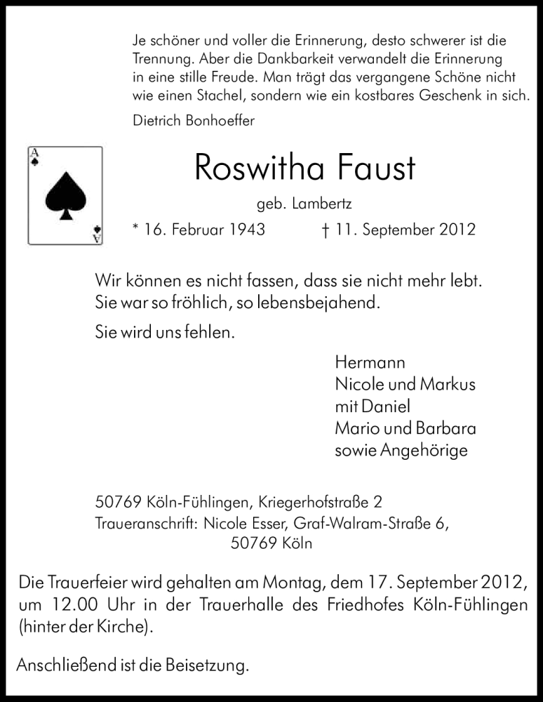  Traueranzeige für Roswitha Faust vom 15.09.2012 aus Kölner Stadt-Anzeiger / Kölnische Rundschau / Express