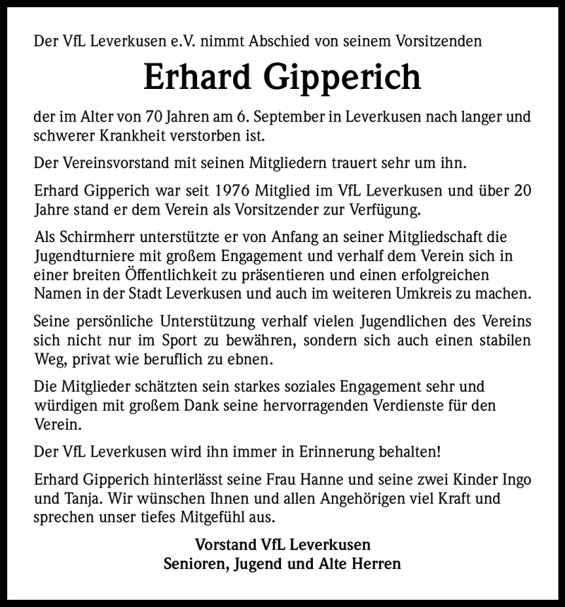  Traueranzeige für Erhard Gipperich vom 17.09.2012 aus Kölner Stadt-Anzeiger / Kölnische Rundschau / Express