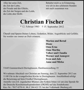 Anzeige von Christian Fischer von Kölner Stadt-Anzeiger / Kölnische Rundschau / Express