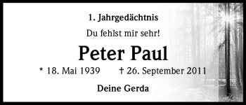 Anzeige von Peter Paul von Kölner Stadt-Anzeiger / Kölnische Rundschau / Express