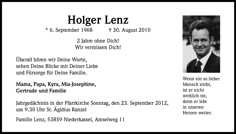  Traueranzeige für Holger Lenz vom 21.09.2012 aus Kölner Stadt-Anzeiger / Kölnische Rundschau / Express