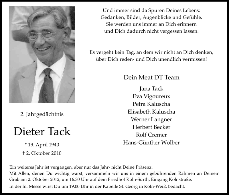  Traueranzeige für Dieter Tack vom 22.09.2012 aus Kölner Stadt-Anzeiger / Kölnische Rundschau / Express