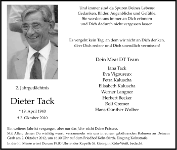Anzeige von Dieter Tack von Kölner Stadt-Anzeiger / Kölnische Rundschau / Express