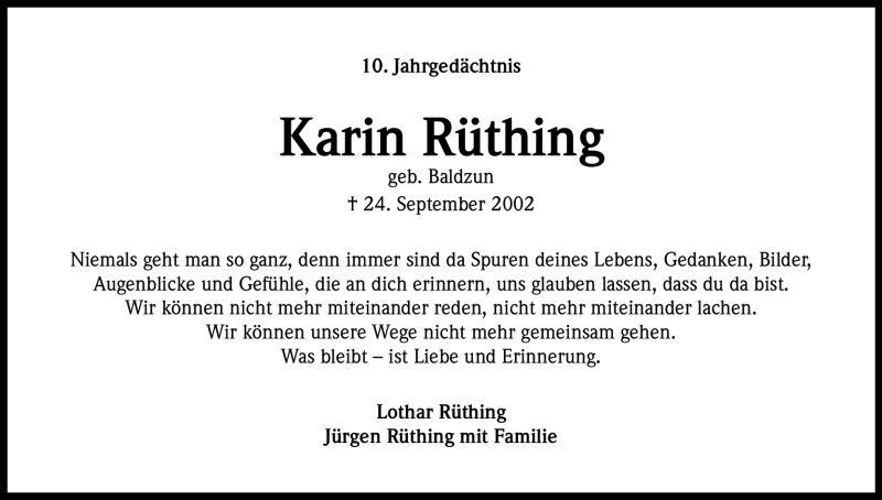  Traueranzeige für Karin Rüthing vom 24.09.2012 aus Kölner Stadt-Anzeiger / Kölnische Rundschau / Express