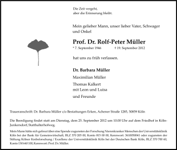 Anzeige von Rolf-Peter Müller von Kölner Stadt-Anzeiger / Kölnische Rundschau / Express