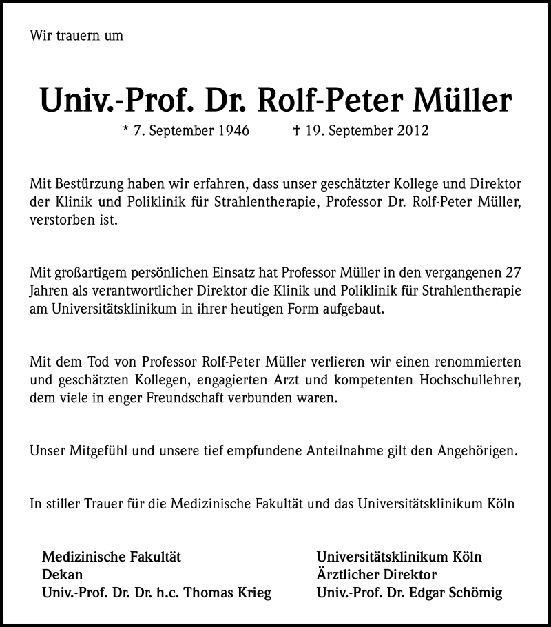  Traueranzeige für Rolf-Peter Müller vom 22.09.2012 aus Kölner Stadt-Anzeiger / Kölnische Rundschau / Express