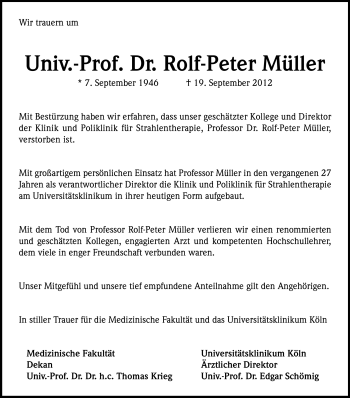 Anzeige von Rolf-Peter Müller von Kölner Stadt-Anzeiger / Kölnische Rundschau / Express