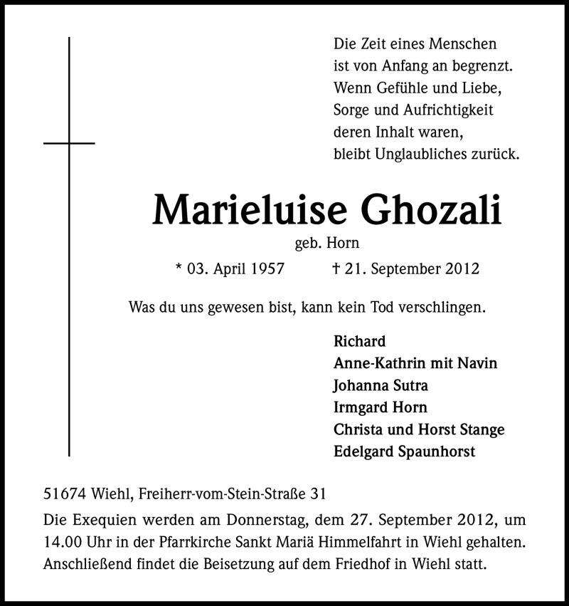  Traueranzeige für Marieluise Ghozali vom 24.09.2012 aus Kölner Stadt-Anzeiger / Kölnische Rundschau / Express