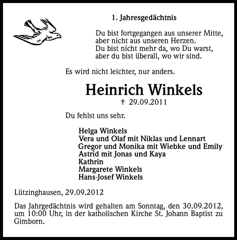  Traueranzeige für Heinrich Winkels vom 29.09.2012 aus Kölner Stadt-Anzeiger / Kölnische Rundschau / Express
