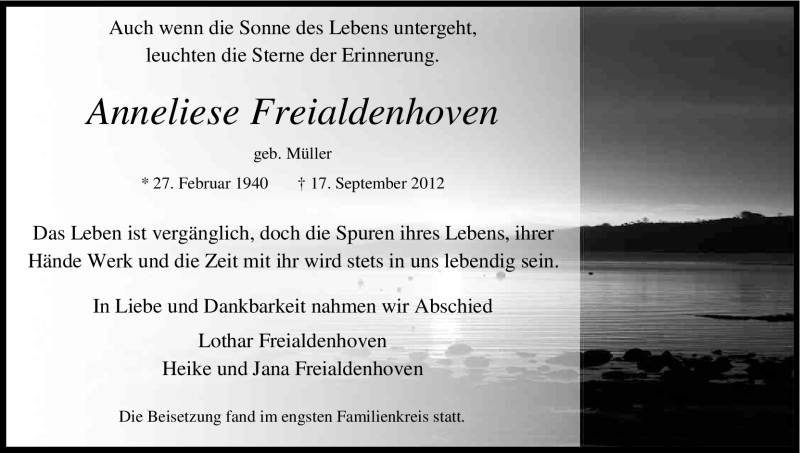  Traueranzeige für Anneliese Freialdenhoven vom 26.09.2012 aus Kölner Stadt-Anzeiger / Kölnische Rundschau / Express