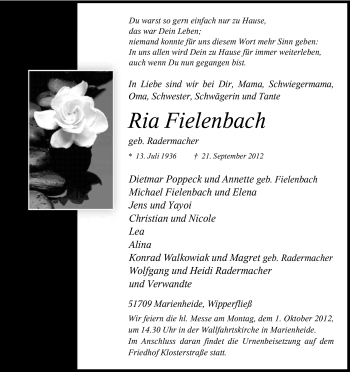 Anzeige von Ria Fielenbach von Kölner Stadt-Anzeiger / Kölnische Rundschau / Express