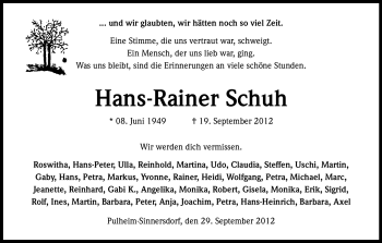 Anzeige von Hans-Rainer Schuh von Kölner Stadt-Anzeiger / Kölnische Rundschau / Express