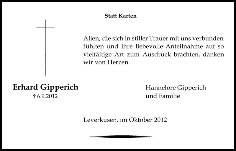  Traueranzeige für Erhard Gipperich vom 06.10.2012 aus Kölner Stadt-Anzeiger / Kölnische Rundschau / Express