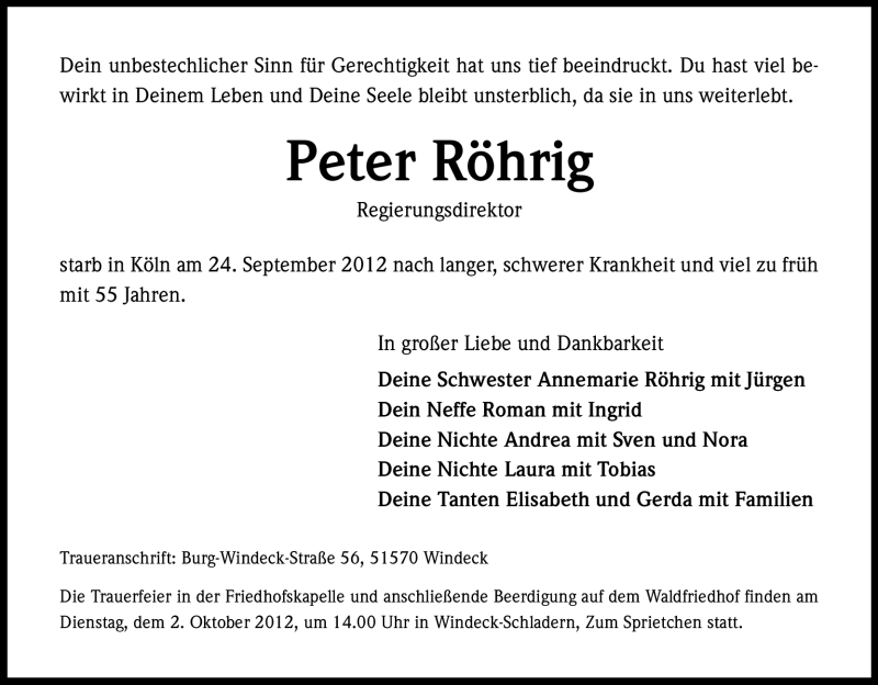  Traueranzeige für Peter Röhrig vom 28.09.2012 aus Kölner Stadt-Anzeiger / Kölnische Rundschau / Express