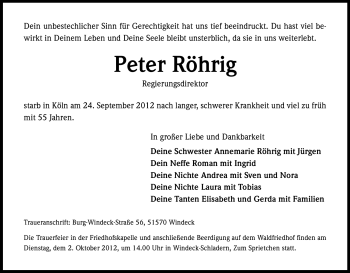 Anzeige von Peter Röhrig von Kölner Stadt-Anzeiger / Kölnische Rundschau / Express