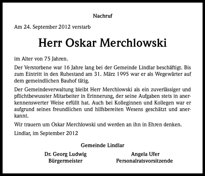  Traueranzeige für Oskar Merchlowski vom 29.09.2012 aus Kölner Stadt-Anzeiger / Kölnische Rundschau / Express
