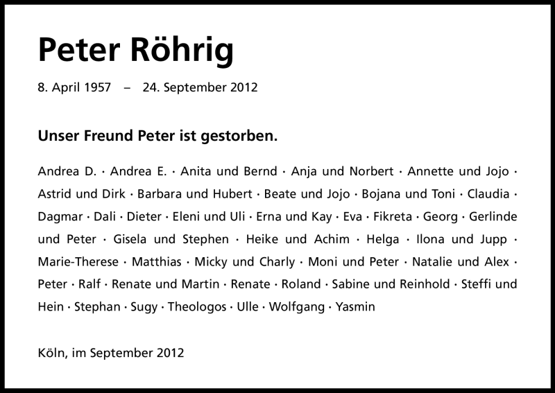  Traueranzeige für Peter Röhrig vom 29.09.2012 aus Kölner Stadt-Anzeiger / Kölnische Rundschau / Express