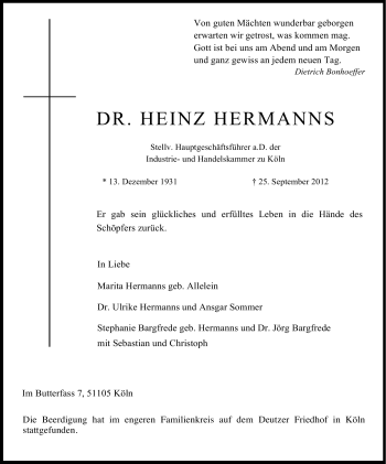 Anzeige von Heinz Hermanns von Kölner Stadt-Anzeiger / Kölnische Rundschau / Express