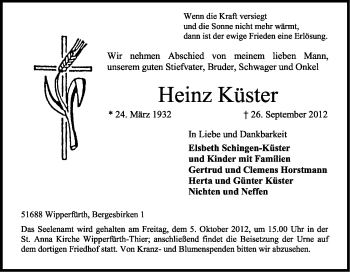 Anzeige von Heinz Küster von Kölner Stadt-Anzeiger / Kölnische Rundschau / Express