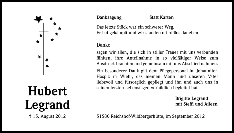  Traueranzeige für Hubert Legrand vom 29.09.2012 aus Kölner Stadt-Anzeiger / Kölnische Rundschau / Express
