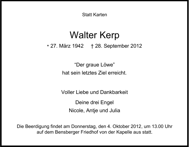  Traueranzeige für Walter Kerp vom 02.10.2012 aus Kölner Stadt-Anzeiger / Kölnische Rundschau / Express