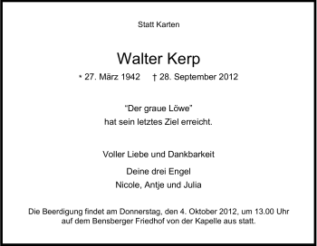 Anzeige von Walter Kerp von Kölner Stadt-Anzeiger / Kölnische Rundschau / Express