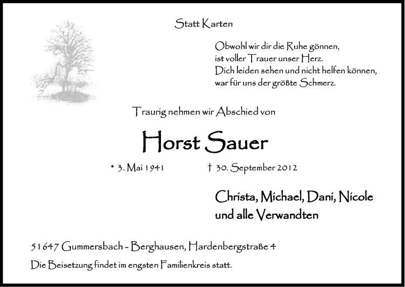  Traueranzeige für Horst Sauer vom 03.10.2012 aus Kölner Stadt-Anzeiger / Kölnische Rundschau / Express