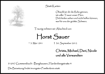Anzeige von Horst Sauer von Kölner Stadt-Anzeiger / Kölnische Rundschau / Express