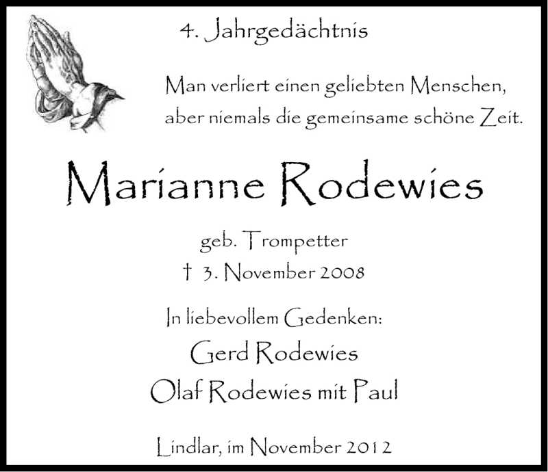  Traueranzeige für Marianne Rodewies vom 03.11.2012 aus Kölner Stadt-Anzeiger / Kölnische Rundschau / Express