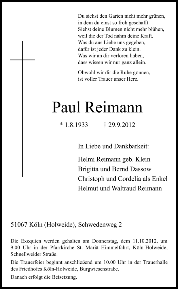  Traueranzeige für Paul Reimann vom 06.10.2012 aus Kölner Stadt-Anzeiger / Kölnische Rundschau / Express