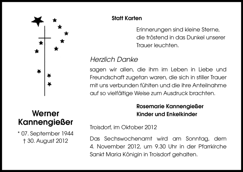  Traueranzeige für Werner Kannengießer vom 27.10.2012 aus Kölner Stadt-Anzeiger / Kölnische Rundschau / Express