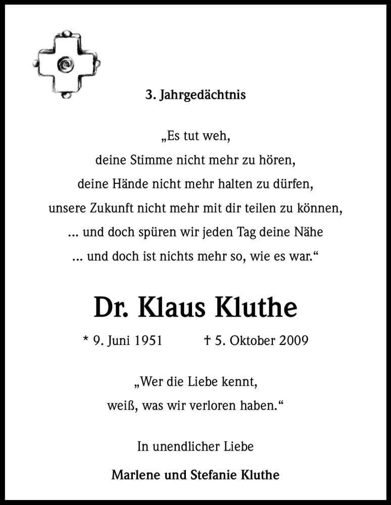  Traueranzeige für Klaus Kluthe vom 06.10.2012 aus Kölner Stadt-Anzeiger / Kölnische Rundschau / Express