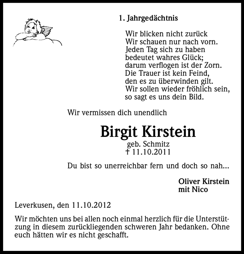  Traueranzeige für Birgit Kirstein vom 11.10.2012 aus Kölner Stadt-Anzeiger / Kölnische Rundschau / Express
