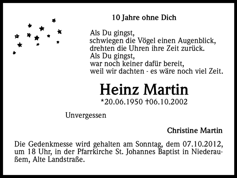  Traueranzeige für Heinz Martin vom 06.10.2012 aus Kölner Stadt-Anzeiger / Kölnische Rundschau / Express