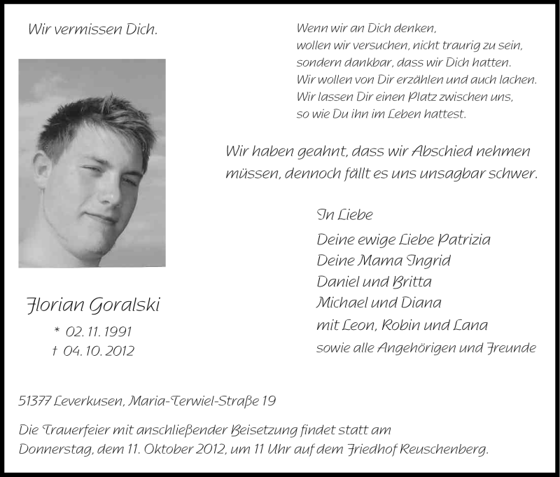  Traueranzeige für Florian Goralski vom 08.10.2012 aus Kölner Stadt-Anzeiger / Kölnische Rundschau / Express
