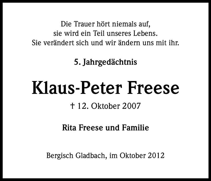  Traueranzeige für Klaus-Peter Freese vom 12.10.2012 aus Kölner Stadt-Anzeiger / Kölnische Rundschau / Express