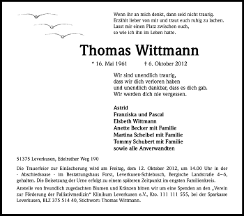 Anzeige von Thomas Wittmann von Kölner Stadt-Anzeiger / Kölnische Rundschau / Express