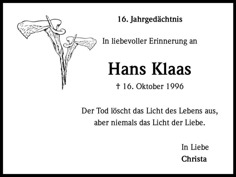  Traueranzeige für Hans Klaas vom 16.10.2012 aus Kölner Stadt-Anzeiger / Kölnische Rundschau / Express
