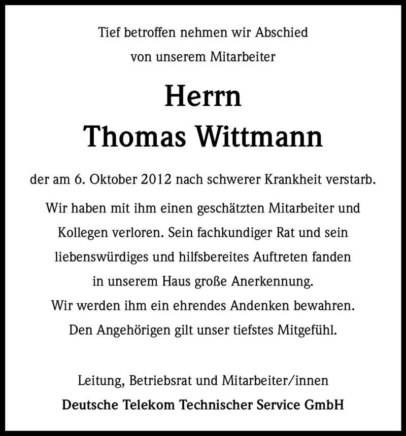  Traueranzeige für Thomas Wittmann vom 11.10.2012 aus Kölner Stadt-Anzeiger / Kölnische Rundschau / Express