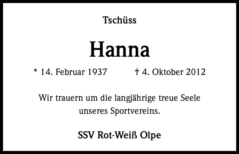  Traueranzeige für Hanna  vom 13.10.2012 aus Kölner Stadt-Anzeiger / Kölnische Rundschau / Express
