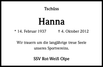 Anzeige von Hanna  von Kölner Stadt-Anzeiger / Kölnische Rundschau / Express