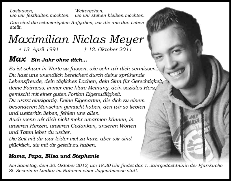  Traueranzeige für Maximilian Niclas Meyer vom 12.10.2012 aus Kölner Stadt-Anzeiger / Kölnische Rundschau / Express