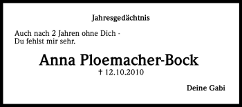 Anzeige von Anna Ploemacher-Bock von Kölner Stadt-Anzeiger / Kölnische Rundschau / Express