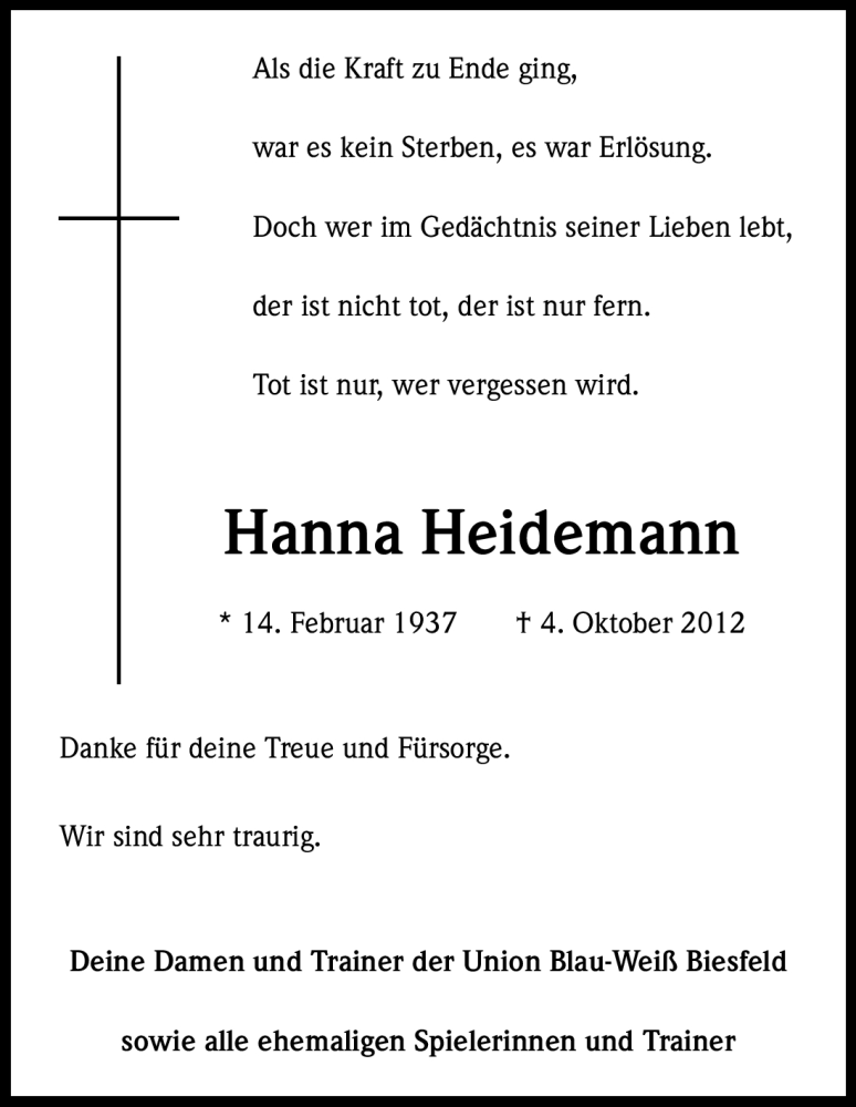  Traueranzeige für Hanna Heidemann vom 12.10.2012 aus Kölner Stadt-Anzeiger / Kölnische Rundschau / Express