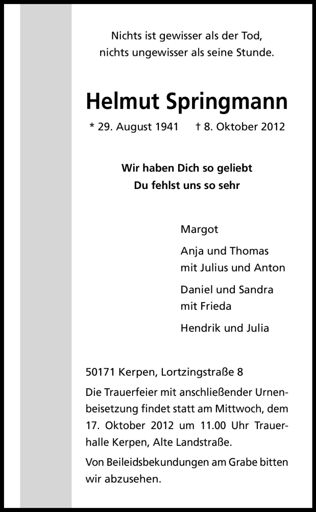  Traueranzeige für Helmut Springmann vom 13.10.2012 aus Kölner Stadt-Anzeiger / Kölnische Rundschau / Express