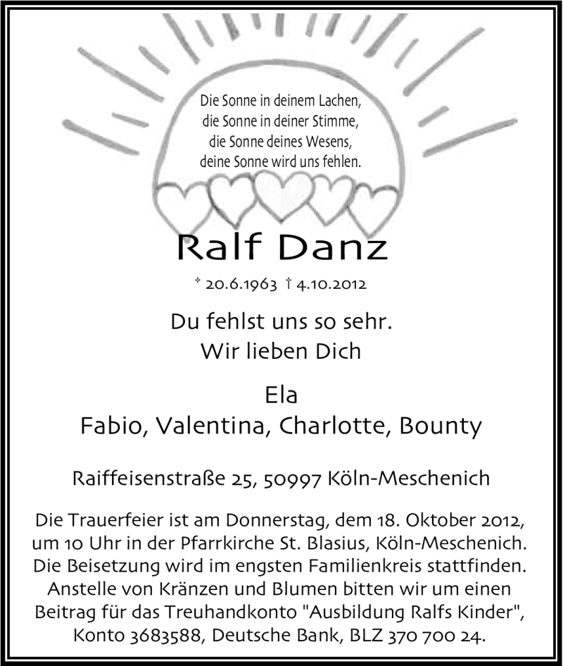  Traueranzeige für Ralf Danz vom 13.10.2012 aus Kölner Stadt-Anzeiger / Kölnische Rundschau / Express