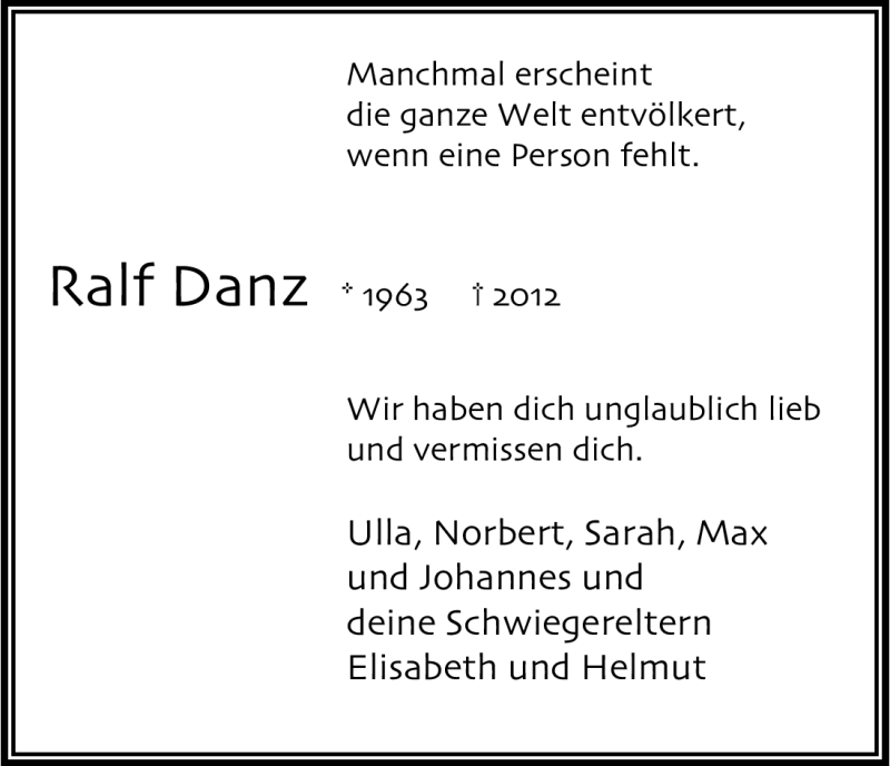  Traueranzeige für Ralf Danz vom 13.10.2012 aus Kölner Stadt-Anzeiger / Kölnische Rundschau / Express