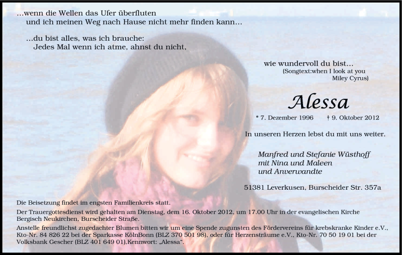  Traueranzeige für Alessa  vom 13.10.2012 aus Kölner Stadt-Anzeiger / Kölnische Rundschau / Express